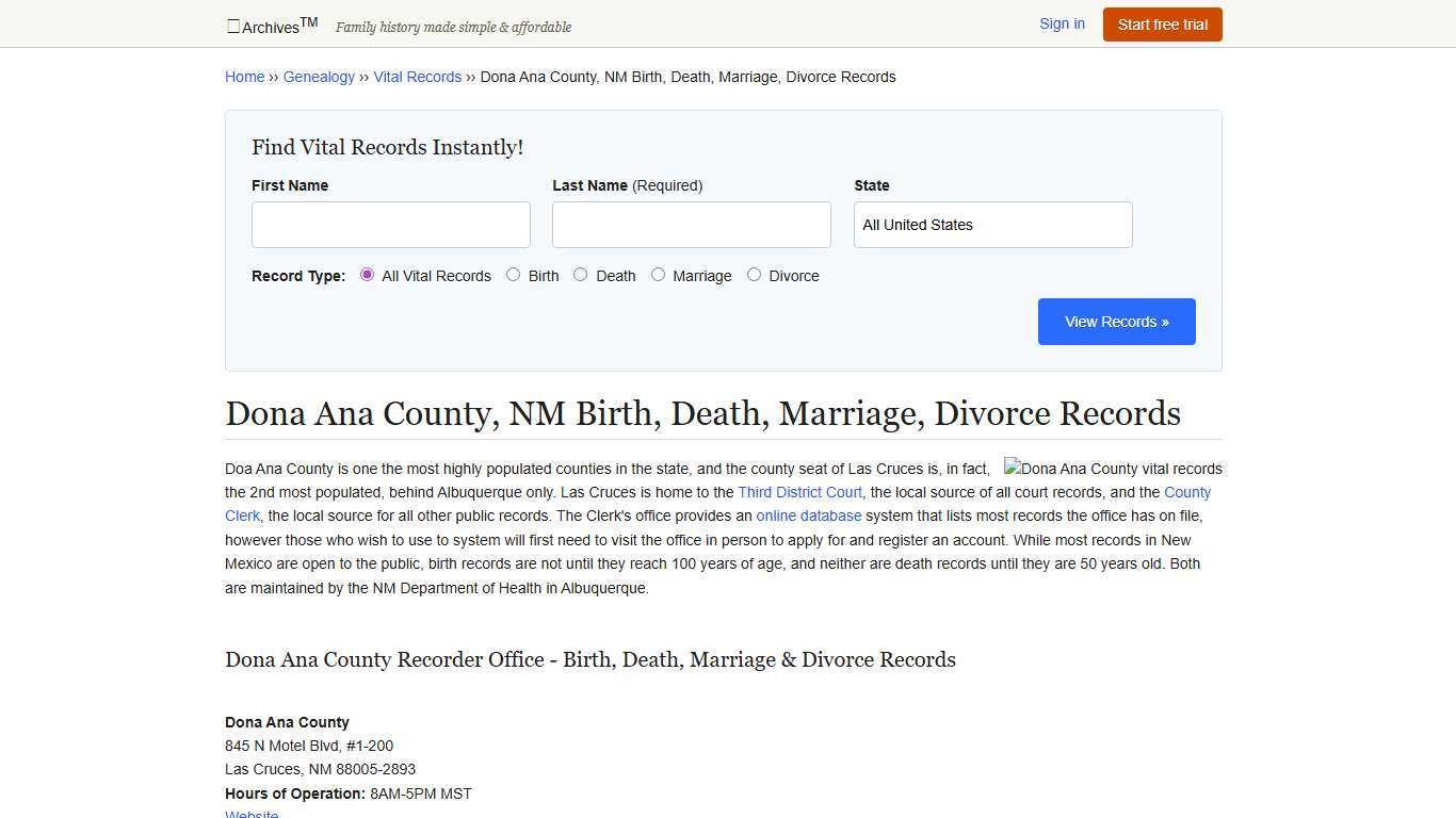 Dona Ana County, NM Birth, Death, Marriage, Divorce Records